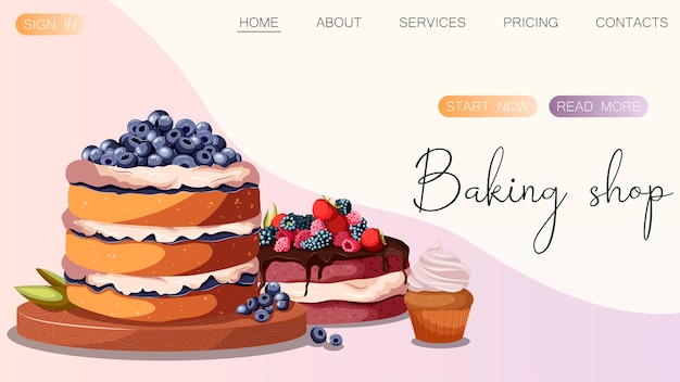 Vector template website design for bakeries. vector illustration of pastry cakes and copy-space.