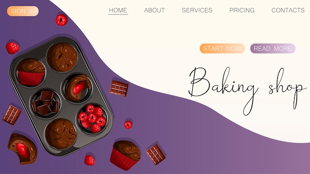 Vector template website design for bakeries. vector illustration of pastry muffins and copy-space.