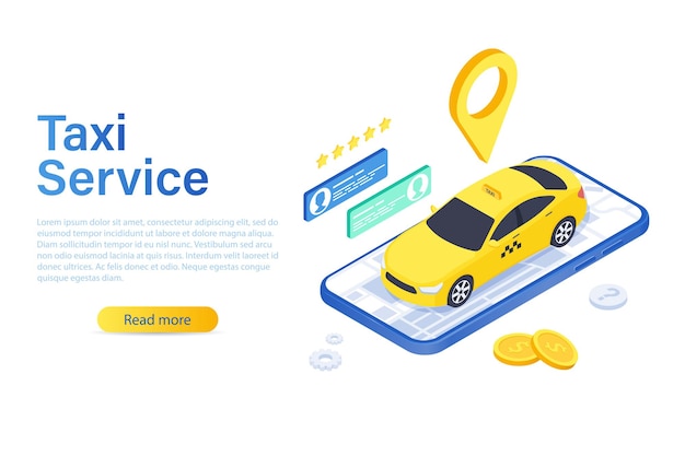 Template for website or mobile application of taxi service yellow car home page concept