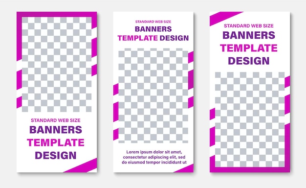 Template of white vertical web banners with rectangle for photos and purple diagonal lines