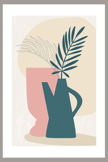 Template with an abstract composition of simple shapes and tropical palm leaves in a vase