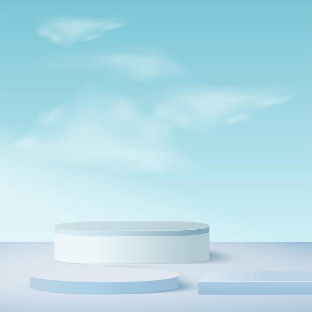 Template with blue color geometric 3d sky podiums. 