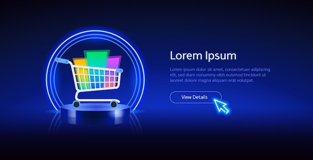 Template with blue neon and shopping cart