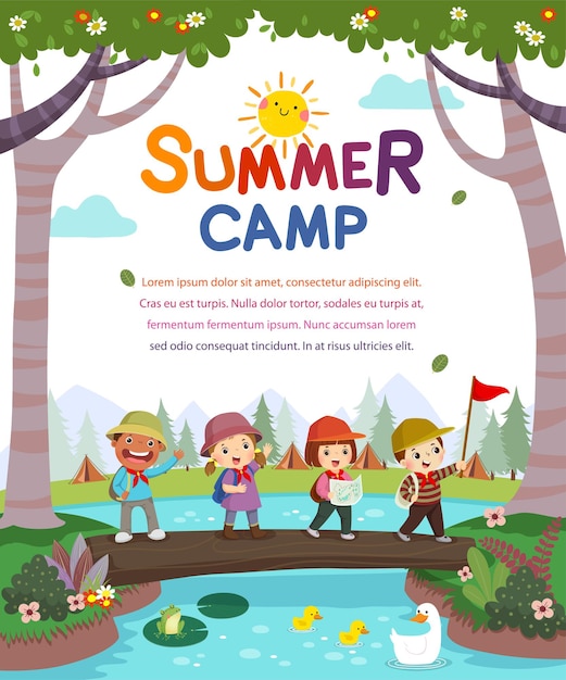 Template with cartoon of children with backpacks walking on log bridge across the stream. kids summer camp poster.