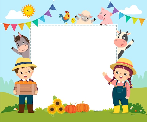 Template with cartoon of farmer kids and farm animals.