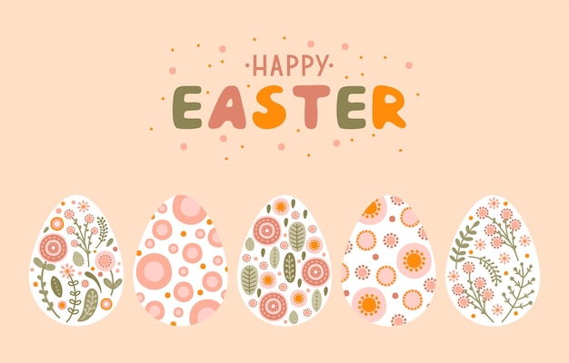 Template with Easter egg and flowers in flat style Illustration colorful spring eggs in pastel colors and space for your text Vector