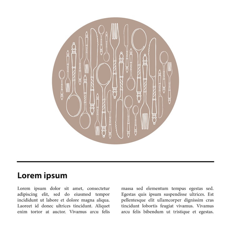 Vector template with a logotype. cutlery in a circle on a beige  and a text block.