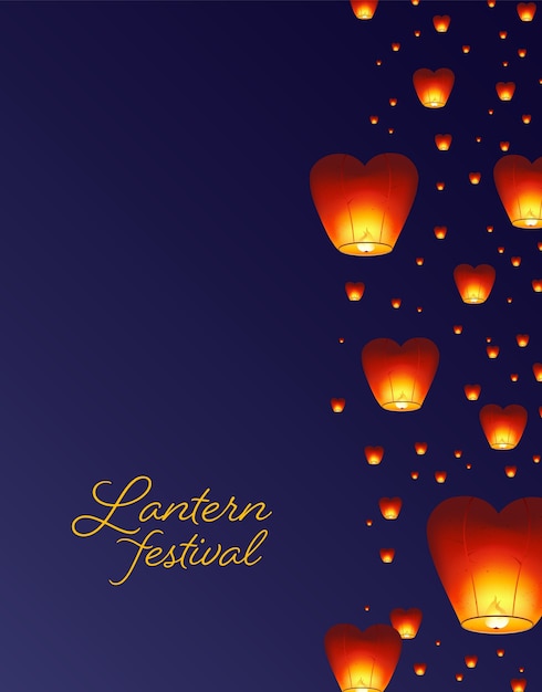 Vettore modello con lanterne asiatiche tradizionali che volano nel cielo notturno