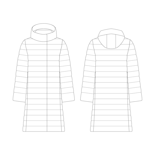 Modello donna giù giacca lunga illustrazione vettoriale design piatto contorno abbigliamento collezione capispalla