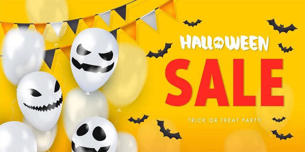 Banner modello giallo con palloncini d con facce felice halloween