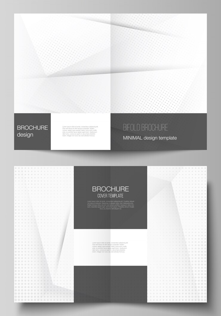 templates for bifold brochure. Halftone  dots, abstract gradient background.
