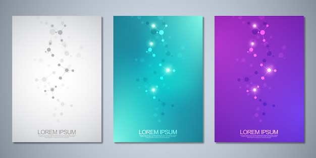 Templates brochure or cover book, page layout, flyer design with abstract background of molecular structures and DNA strand. Concept and idea for innovation technology, medical research, science.