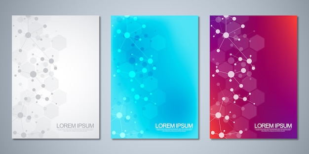 Vector templates for cover or brochure, with molecules background and neural network. abstract geometric background of connected lines and dots. science and technology concept.