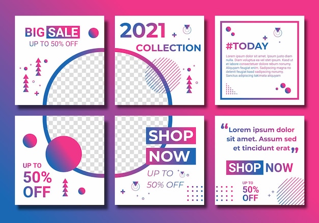 Templates set social media post for fashion sale ad design with gradient color pink purple and blue Background template with copy space for images design by abstract colored line arts
