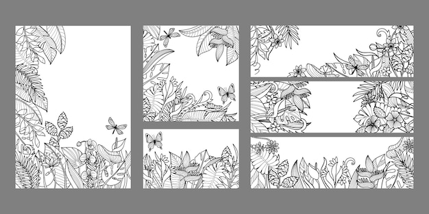 Templates set with tropical leaves and flowers exotic covers collection