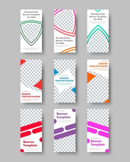 Templates for vertical white web banners with place for photo and color different design elements. big set. illustration