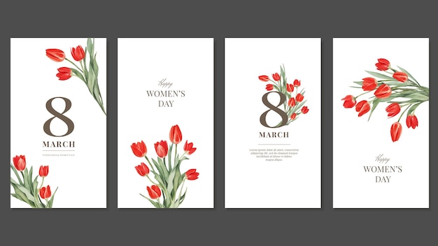 Templates voor Social Media Vrouwendaggroeten met Waterverf Rode Tulpen Vector