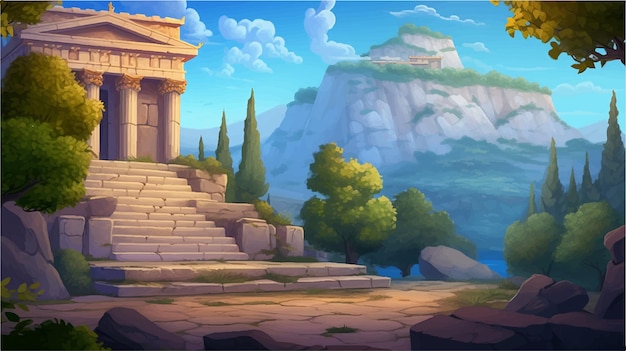 Vettore un tempio sullo sfondo del gioco della foresta, un paesaggio da cartone animato e un fiume