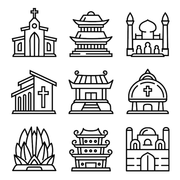 Temple icons set. Outline set of temple vector icons isolated