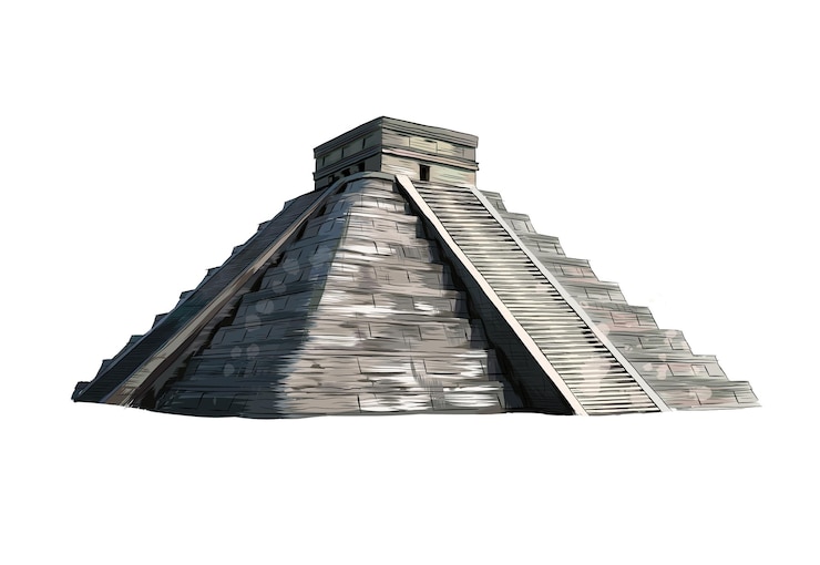 Vector temple of kukulkan, pyramid at chichen itza, yucatan, mexico from a splash of watercolor