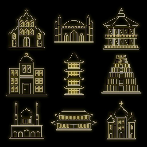 Temple tower castle icons set Outline illustration of 9 temple tower castle vector icons neon color on black