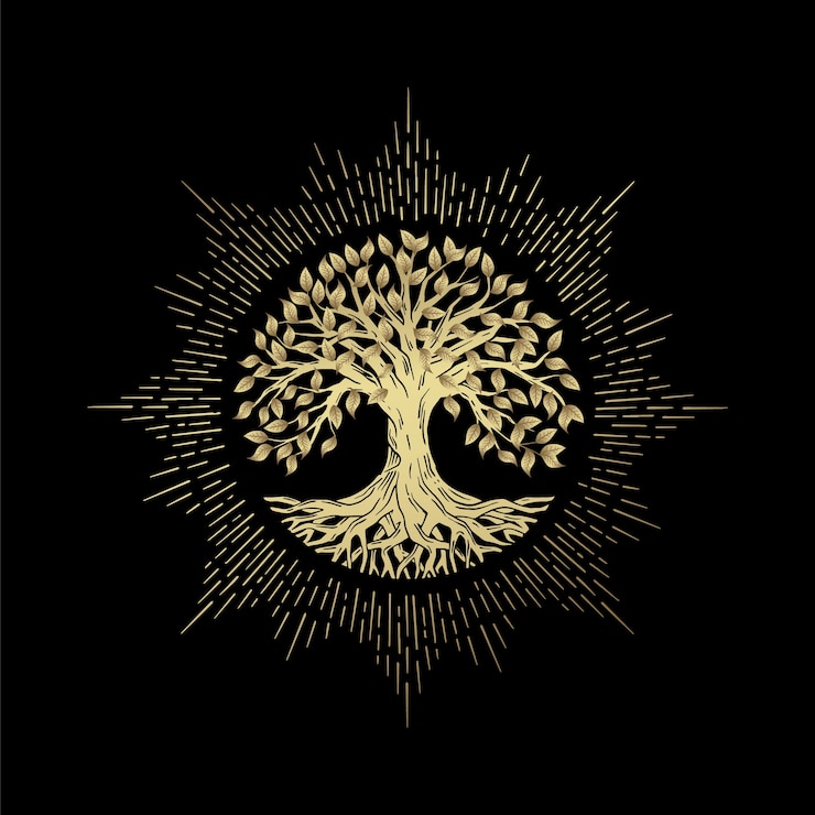 Vector temple tree of life or luxury gold tree and roots with round shape