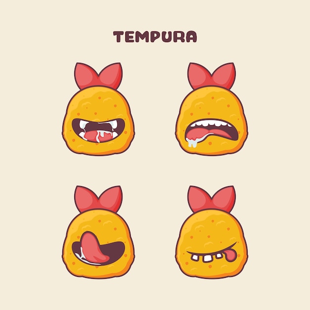 Tempura cartoon japanese food vector illustration with different mouth expressions