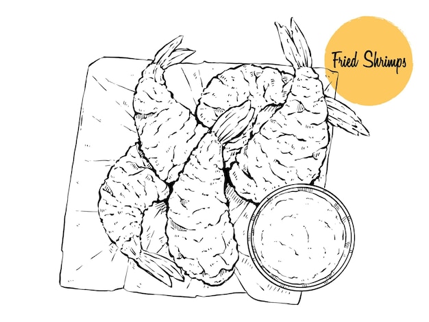 Vettore gamberi fritti in tempura con vettore di salsa. illustrazione di cibo giapponese o asiatico