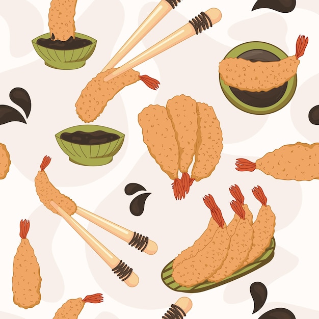 天ぷら海老柄のタレとお箸。アジア料理の背景、ファーストフード メニュー