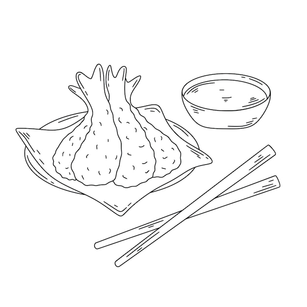 Tempura sketch vector illustration fried shrimp in crepe with sauce doodle Traditional asianfood