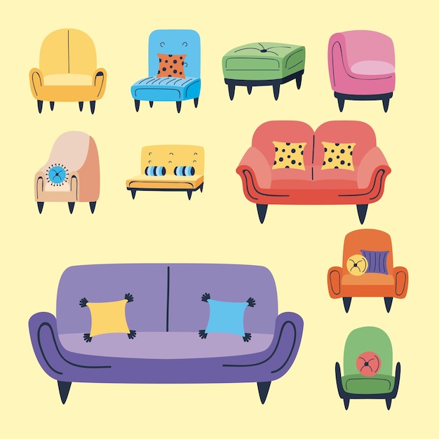 Ten armchairs and sofas