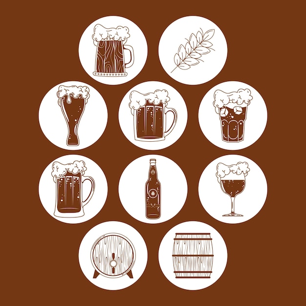 Ten beers drinks set icons