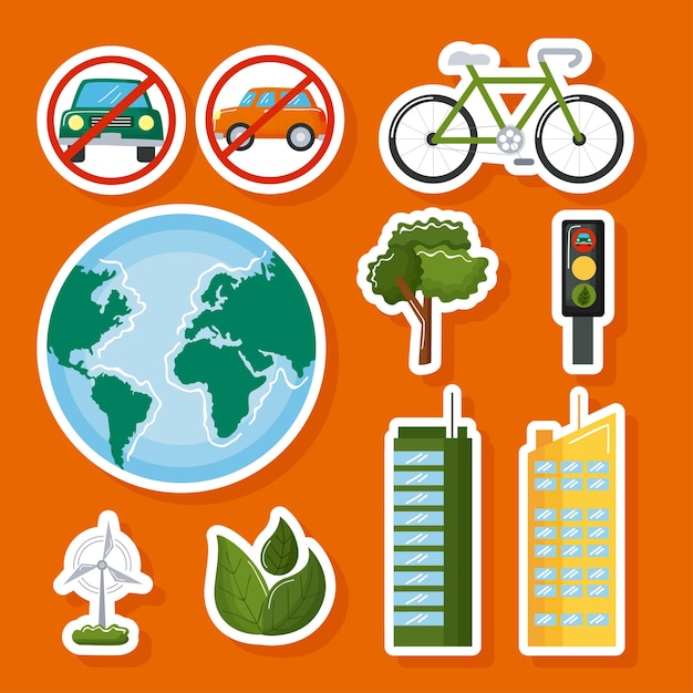 Ten car free day set icons