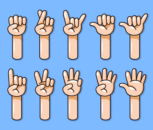 Ten cartoon hand gesture vector illustration set.