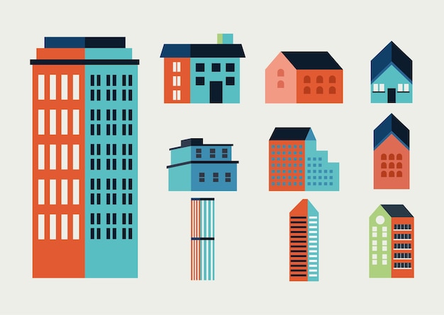 Vector ten city buildings minimal icons