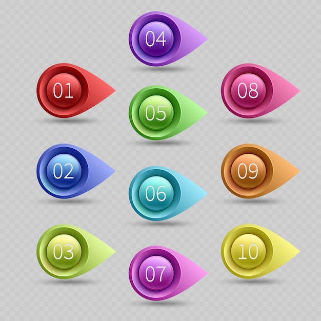 数字のコレクションを持つ10色の弾丸ポイント。 webの箇条書きの矢印の図