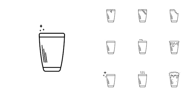 ten sets of tumbler or glassware line icons. with a straw, hot water, cold water, soda and foam