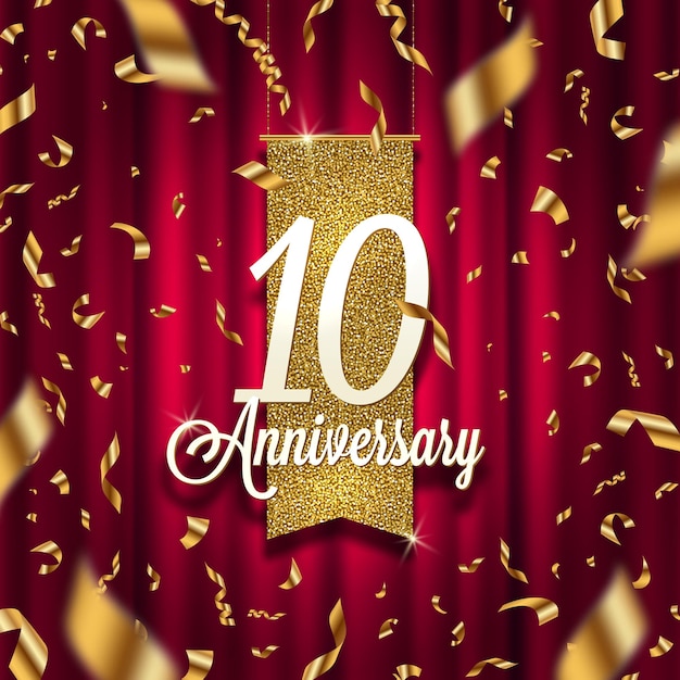 Ten years anniversary golden sign and golden confetti on a red curtain background