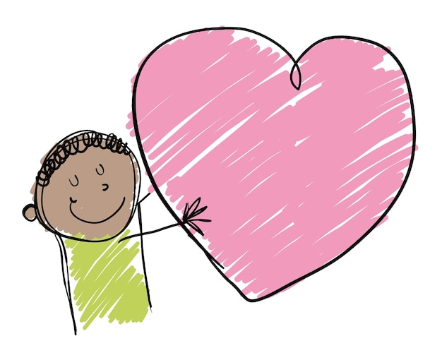 Tender brunette jongen in kinderlijke doodle stijl knuffelen een roze hart als symbool in liefde uitdrukking