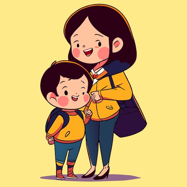 Vector tender embrace cute cartoon mom with child
