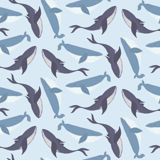 Tender marine blue seamless pattern with light and dark hand drawn whales