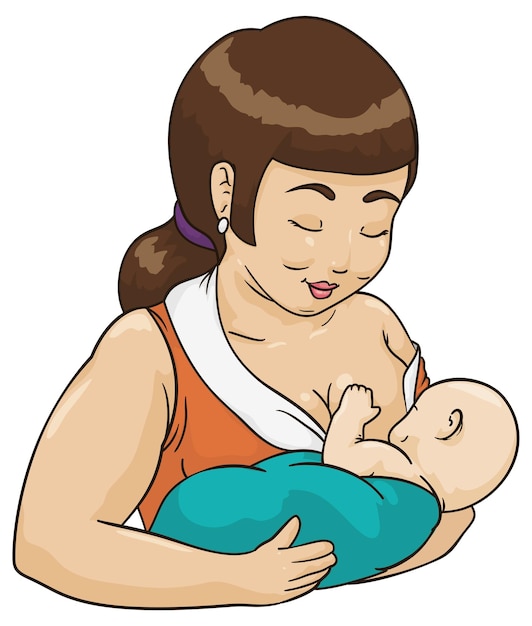 경험이 있는 부드러운 중년 어머니 는 사랑 과 보살 으로 아기 에게 모유 를 먹인다