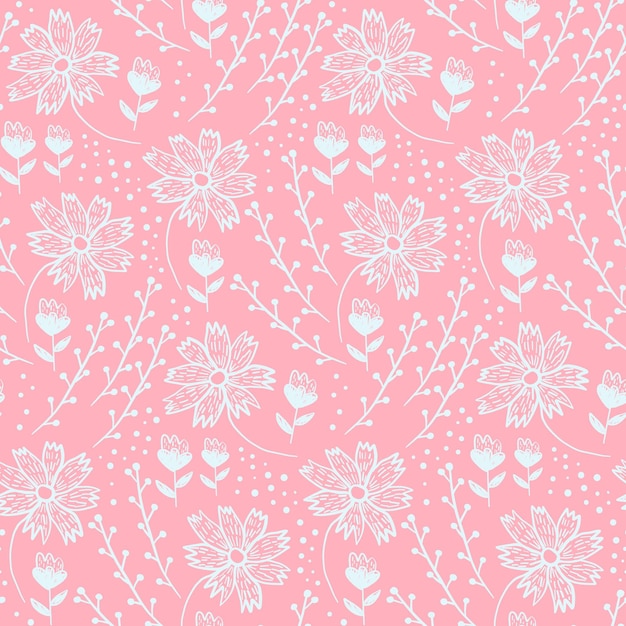 Tender pastel pink floral seamless pattern with hand drawn doodle light blue flowers and leaves