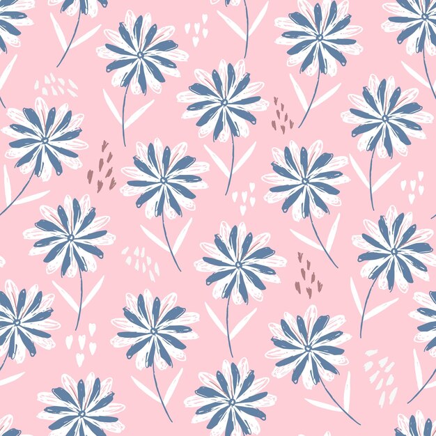 Tender pastel pink sketchy floral seamless pattern with blue and white flowers hearts and dots