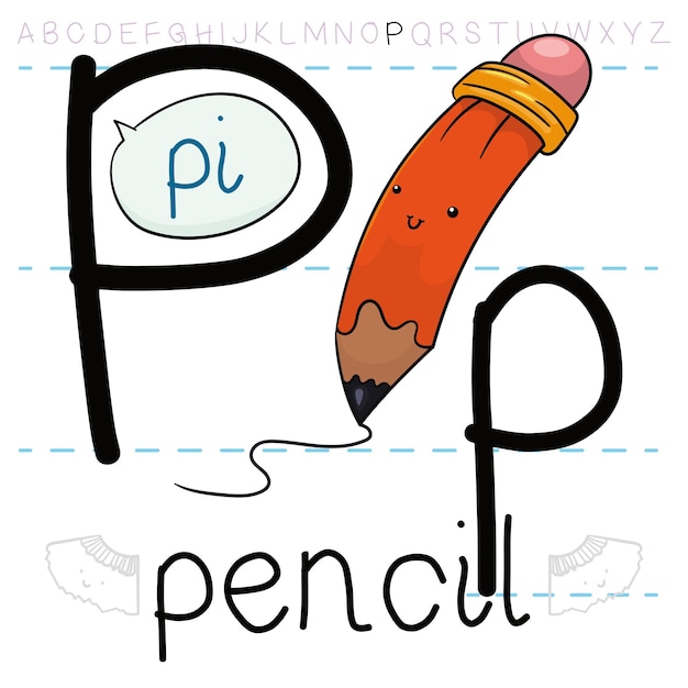 Vector tender pencil writing the letter 'p' and practicing its pronunciation in an alphabet lesson