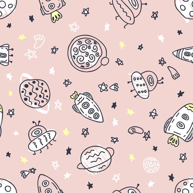 宇宙のロケットと惑星の柔らかくシームレスなパターンTシャツのテキスタイルとプリントのデザイン手描きベクトルイラスト