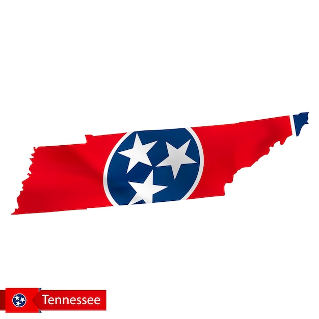 Tennessee state map with waving flag of US State