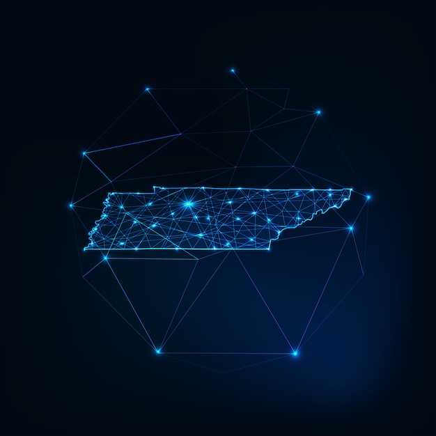 Vector tennessee state usa map glowing silhouette made of stars lines dots triangles, low polygonal shapes.