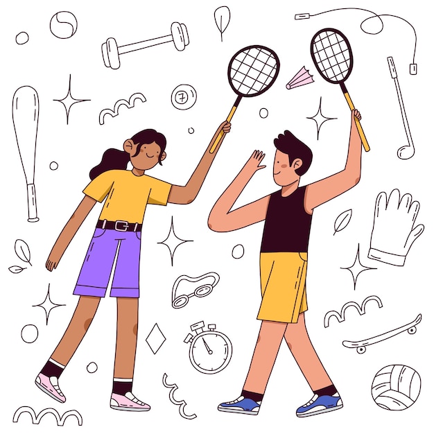 Vector tennis badminton sport vlakke afbeelding. twee mensen spelen in de zomer. vrouw en man met racket