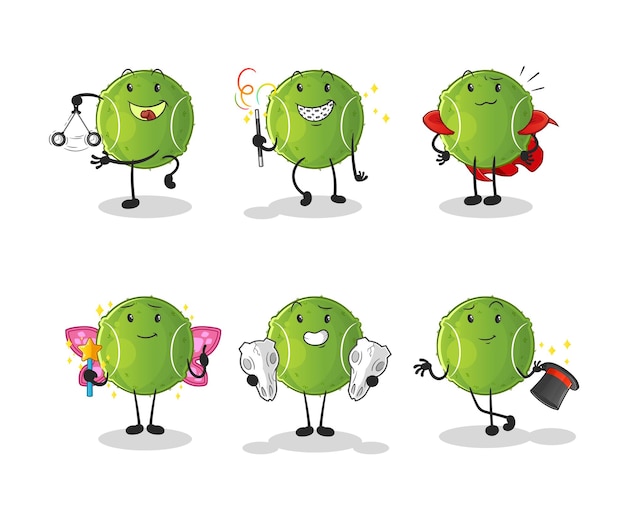 Tennis ball magic group character. cartoon mascot vector